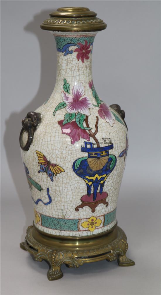 A Chinese famille rose crackle glaze vase, c.1900, mounted as a lamp H.35cm